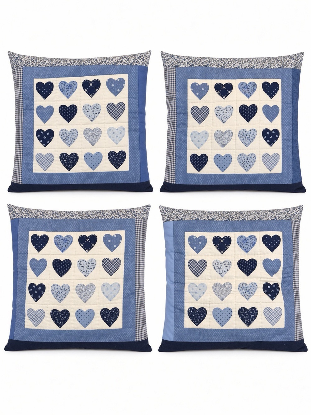 Cozy Line Blue Patchwork Heart Quilted Farmhouse Throw Pillows 4pc Set 16x14
